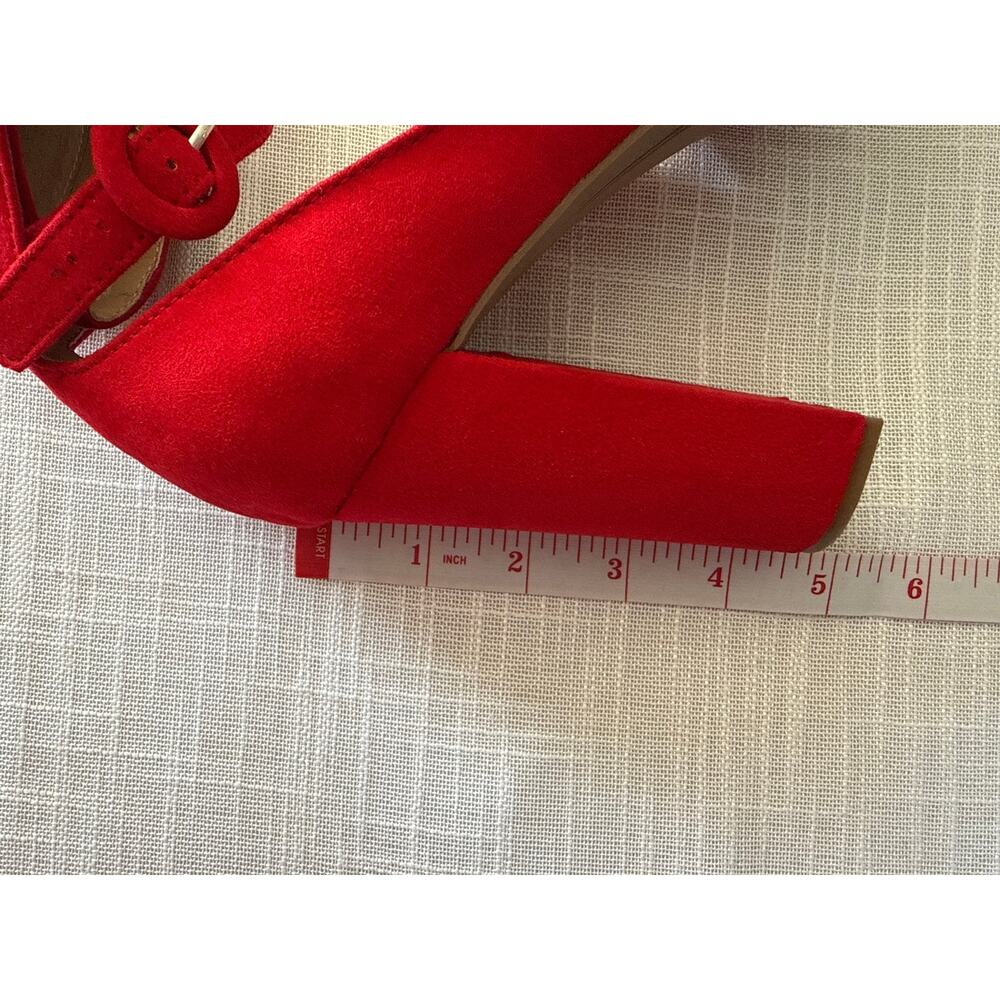 TSun + Stone Red Dress Heels w/ Ankle Strap Suede Sandals Block Heel 8.5 4inch - Picture 8 of 11